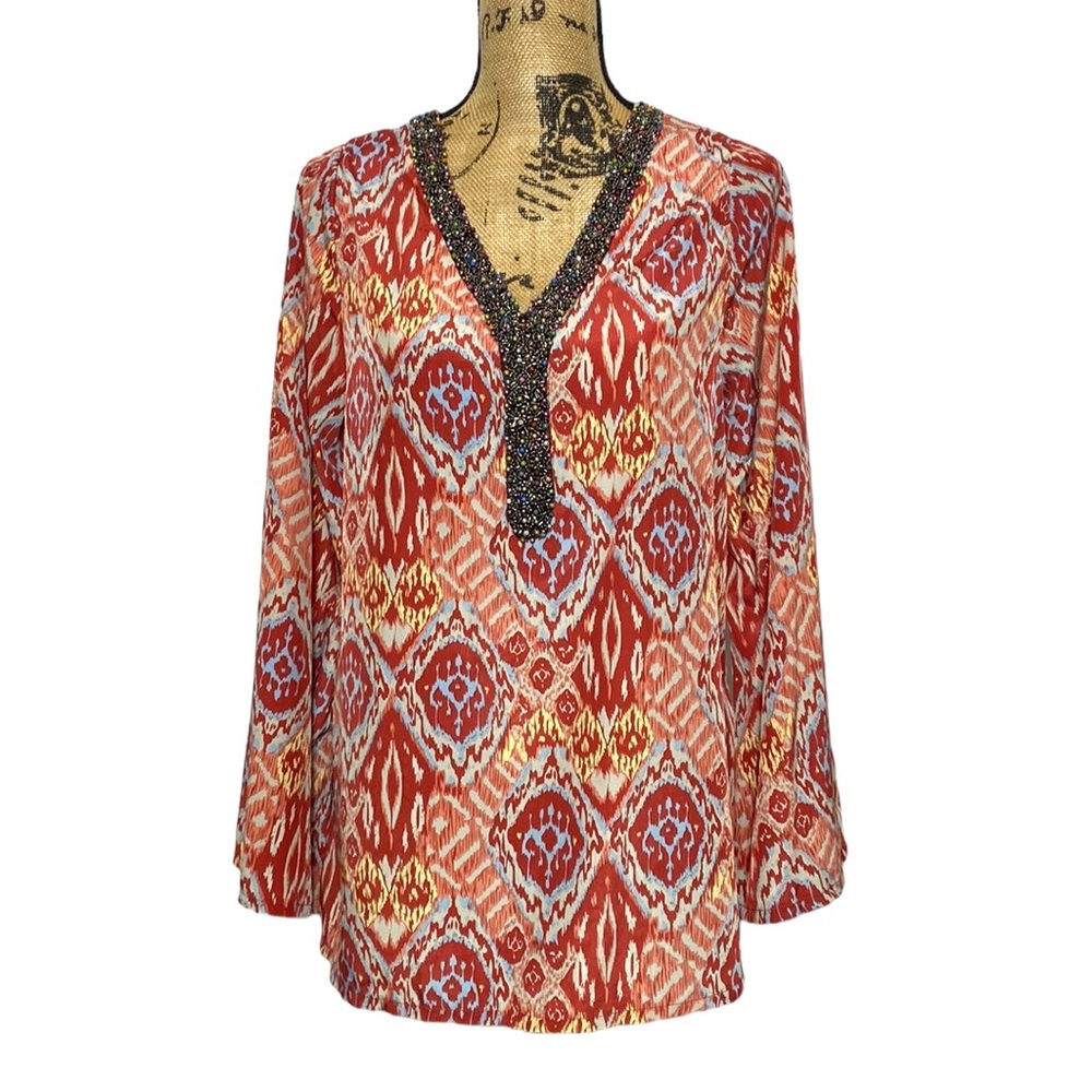 Boho Silk Blend V-Neck Pattern Top S